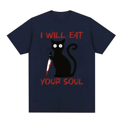 I Will Eat Your Soul Black Cat Horror Blood with Knife Funny Meme T Shirt Men Women Retro Harajuku Oversized Cotton Tshirts Tops