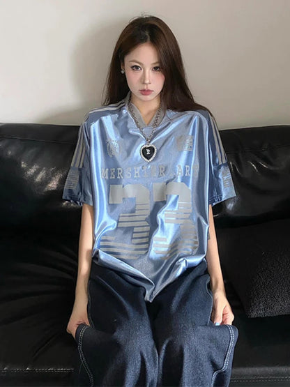 2024 New American Vintage Loose Couple Jersey Women Streetwear Y2K Hip Hop V-Neck T-Shirts Summer Blue Oversized Ice Hockey Tops