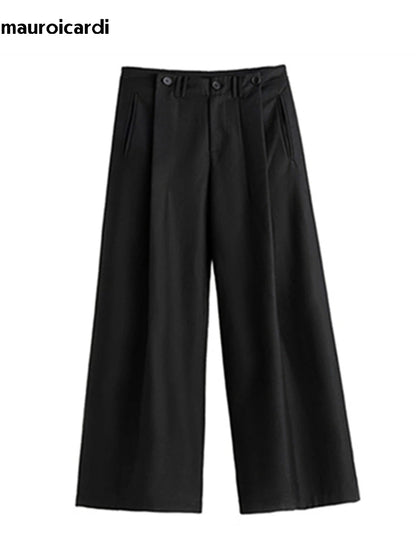 Mauroicardi Spring Autumn Long Loose Casual Baggy Flowy Soft Black Pleated Wide Leg Pants Men Luxury Designer Emo Clothing 2024