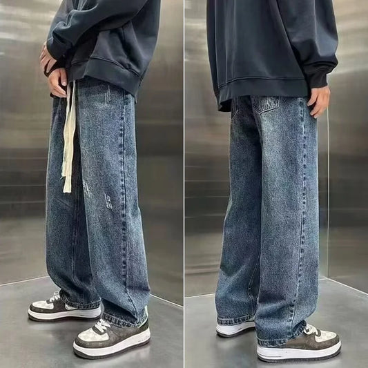 Men's Fashion Versatile Wide Leg Denim Pants Korean Concise Style Streetwear Trousers Lace Up Design Straight Casual Jeans Male