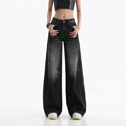 Y2K Black Women's Jeans Fashion Streetwear Casual Vintage Baggy Straight 2024 NEW Printing Denim Trouser Mom Wide Leg Pants