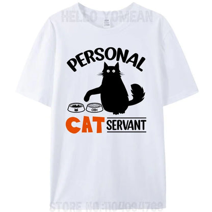 Black Cat Personal Cat Servant Funny Cat Meme Women Men's T-Shirt Clothing Short Sleeve Cotton Round Neck Tees Shirts Tops