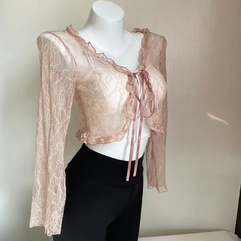 Shirts Women Lace New Summer Sunscreen French Style Cropped Designed Sweet Gentle Elegant Office Lady Sexy Popular Chic Vintage