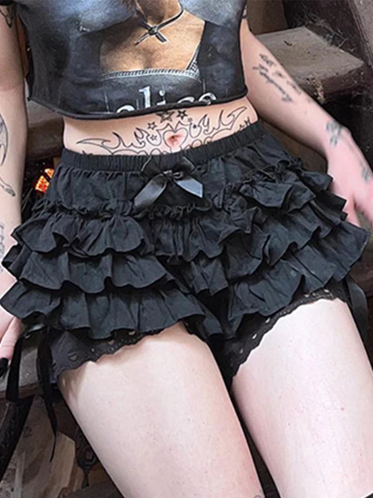 AltGoth Mall Goth Lolita Lace Shorts Women Aesthetic Cute Sweet Bow Patchwork Shorts Y2k E-girl Emo Alternative Kawaii Outfits