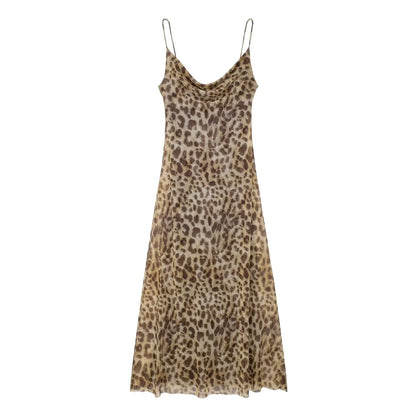 Summer Women's Sexy Vintage Leopard Print Tulle Long Dress Fashion Backless Slip Dresses Female Elegant Slim Party Maxi Dress