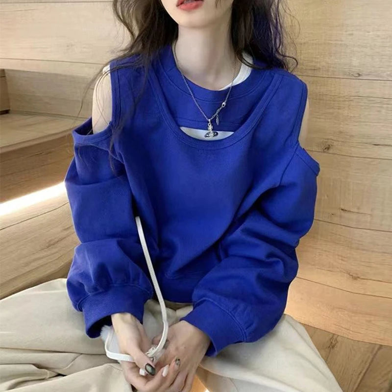 Spring Autumn Casual Fashion Hollow Out Sweatshirt Ladies Loose All-match Off the Shoulder Top Women Korean Style Solid Pullover