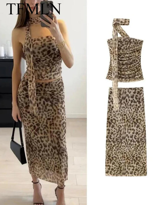 TFMLN Women Sexy 2 Piece Long Skirt Sets Strapless Leopard Print Tops High Waist Skirts Summer Fashion Mesh Clubwear 2024 New