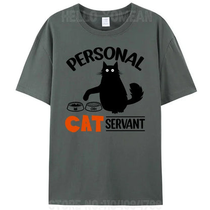 Black Cat Personal Cat Servant Funny Cat Meme Women Men's T-Shirt Clothing Short Sleeve Cotton Round Neck Tees Shirts Tops