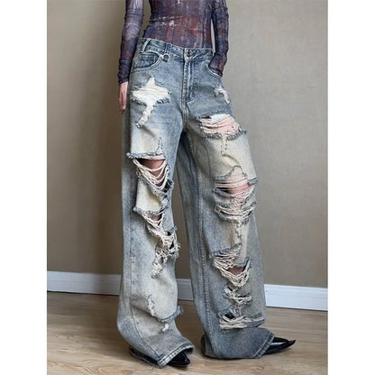 Womens Jeans High Waist Vintage Straight Y2K Summer Denim Pants Streetwear American Style Ripped Wide Leg Baggy Denim Trouser