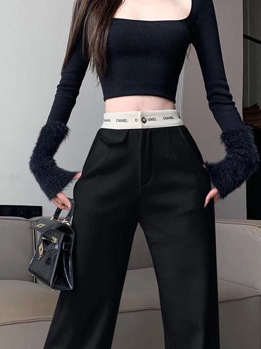 Women's Casual Contrast Spliced High Waist Pants Straight Black Pants Street Trendy Chic Loose Trousers Spring Autumn New