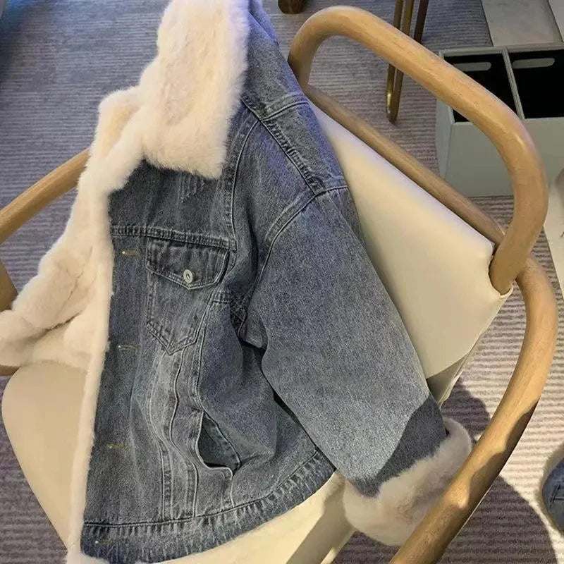 Jean Jacket For Women Autumn And Winter New Retro Lamb Wool Casual Loose bf Plush Thick Casual Style Overcome Women Denim Coat