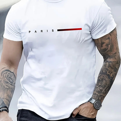 Men's 100% Polyester summer loose PARIS Creative Letter print casual slim fit round neck short sleeved T-shirt top