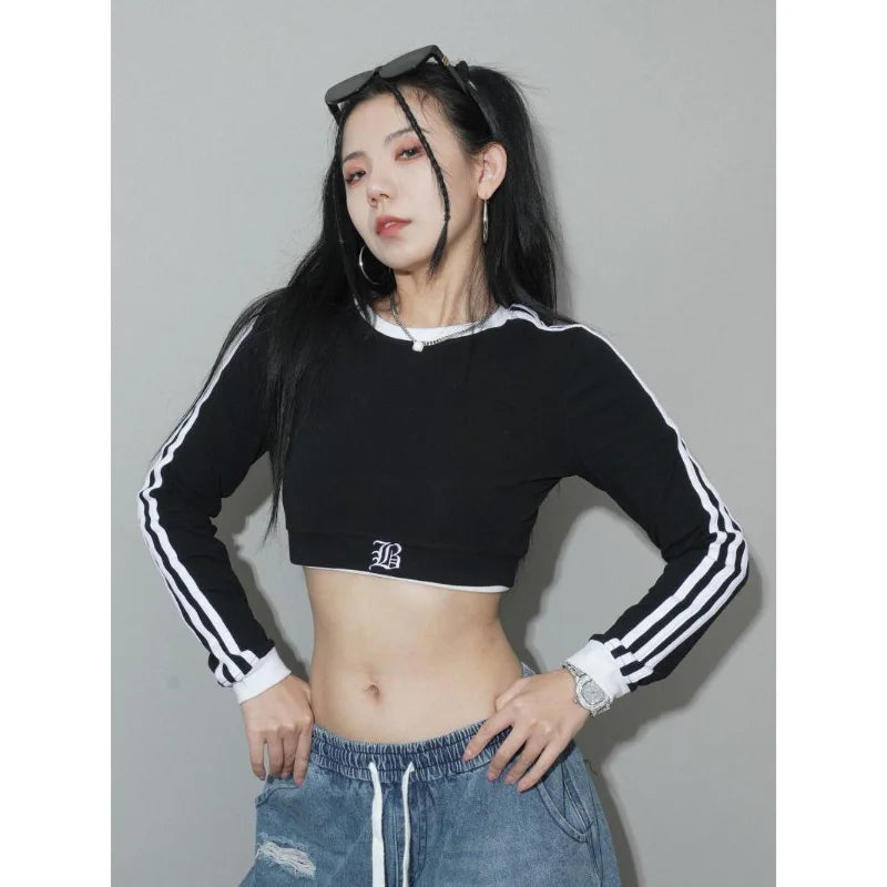 Hikigawa Chic Fashion Women Y2k Long Sleeve T-Shirt Jazz Sports Cropped Striped Contrast Color Slim Streetwear Casual Top Mujer