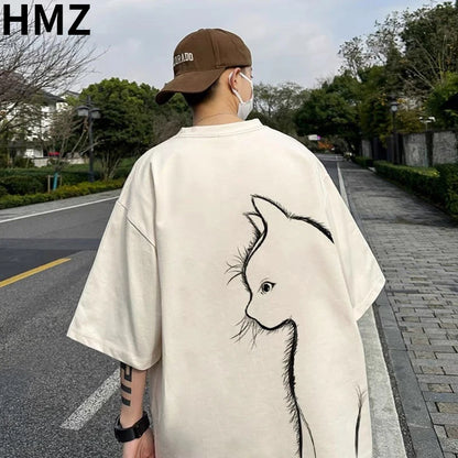 HMZ Summer T-shirt Men Oversized Cartoon Cat Print Tees High Street Unisex Top T shirts Loose Cotton T-shirt Men Daily Clothing