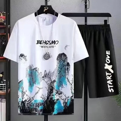 Tshirt Casual Ice Silk Gradient Short Men Sleeve T-shirt Shorts Set Men's Summer Sporty Two-piece Outfit Stylish Male Clothing