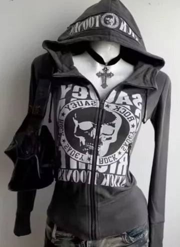 Street hip-hop popular clothing oversized skull print sports hoodie men's Y2K retro casual gothic grunge sports zipper jacket