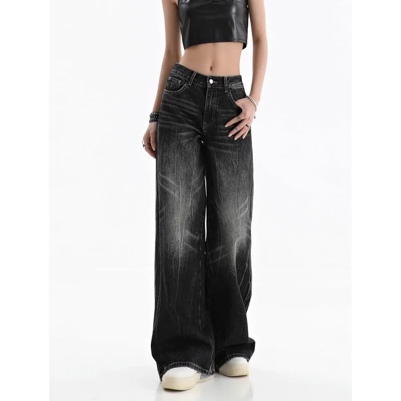 Y2K Black Women's Jeans Fashion Streetwear Casual Vintage Baggy Straight 2024 NEW Printing Denim Trouser Mom Wide Leg Pants