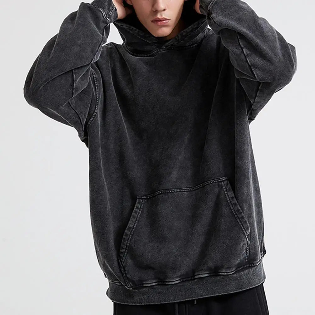 Hooded Hoodie Washed Craft Hoodie Vintage Unisex Hop Streetwear Hoodie with Big Patch Pocket Loose Thick Long Sleeve for Men