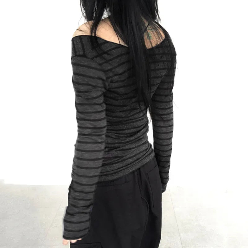 Sexy Slash Neck Knitted Smock Women Vintage Slim Thin Long Sleeve All-match Femme Clothing Aesthetic Streetwear Tops