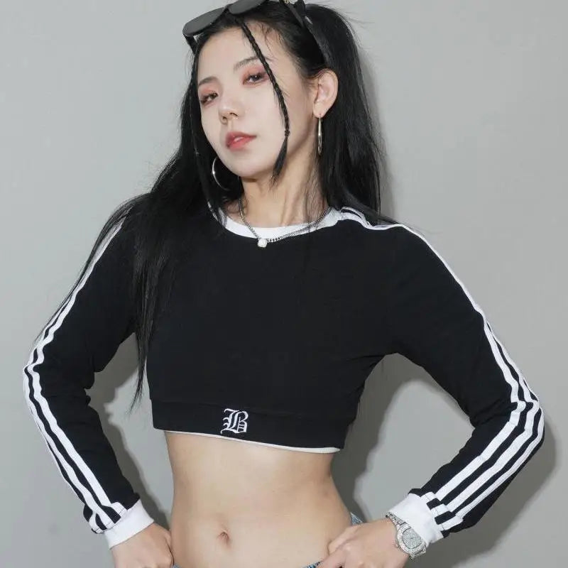 Hikigawa Chic Fashion Women Y2k Long Sleeve T-Shirt Jazz Sports Cropped Striped Contrast Color Slim Streetwear Casual Top Mujer