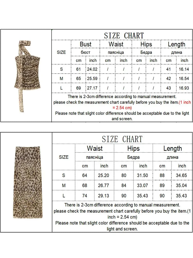 TFMLN Women Sexy 2 Piece Long Skirt Sets Strapless Leopard Print Tops High Waist Skirts Summer Fashion Mesh Clubwear 2024 New