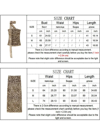 TFMLN Women Sexy 2 Piece Long Skirt Sets Strapless Leopard Print Tops High Waist Skirts Summer Fashion Mesh Clubwear 2024 New