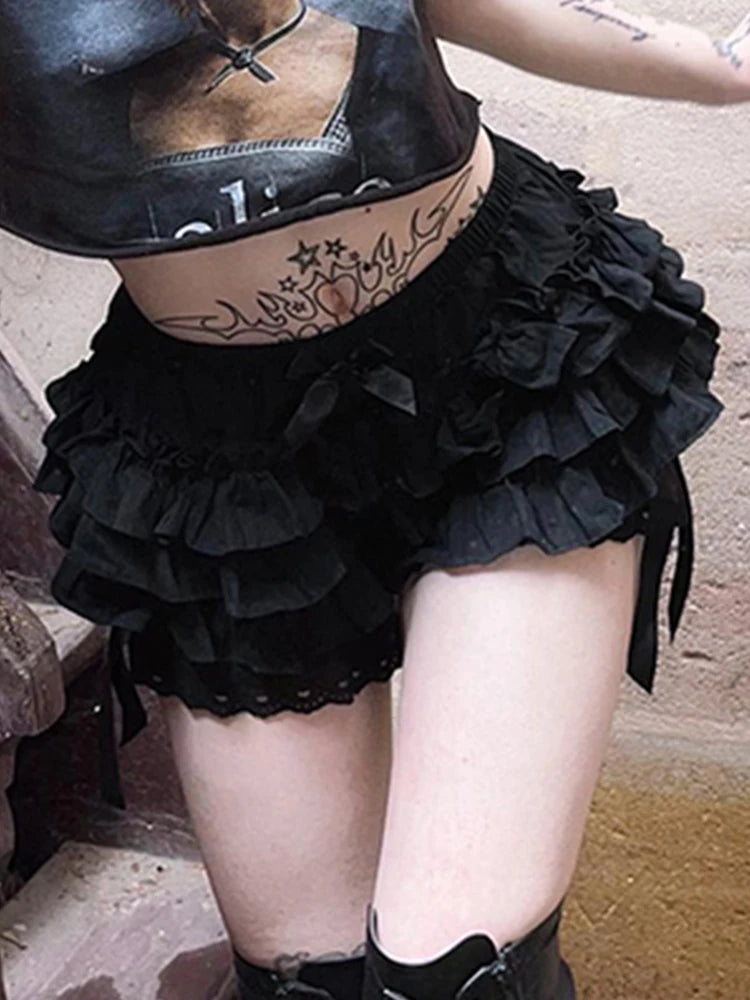 AltGoth Mall Goth Lolita Lace Shorts Women Aesthetic Cute Sweet Bow Patchwork Shorts Y2k E-girl Emo Alternative Kawaii Outfits