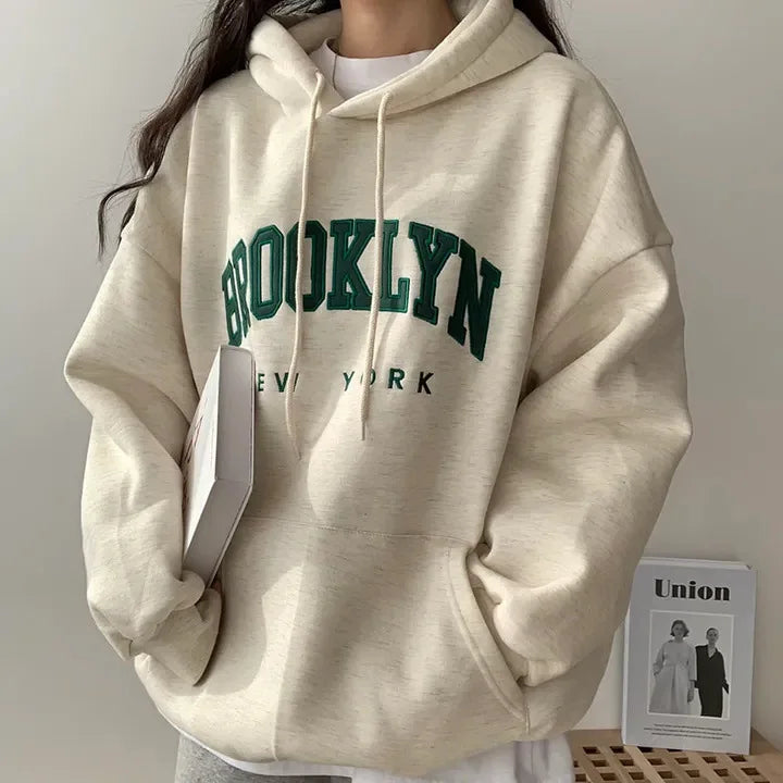 Letter Print Women Sweatshirt 2024 New Warm Full Sleeve Hoodies Ladies Streetwear Winter Pullovers Loose Clothes Hooded Pocket