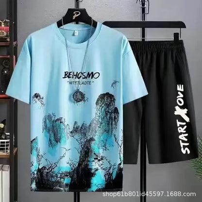 Tshirt Casual Ice Silk Gradient Short Men Sleeve T-shirt Shorts Set Men's Summer Sporty Two-piece Outfit Stylish Male Clothing