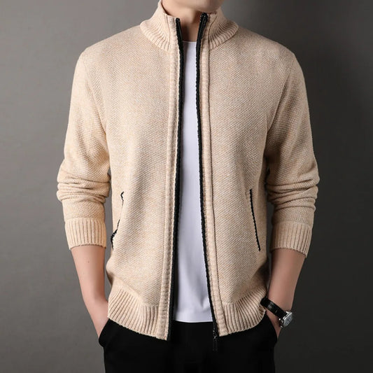 Men's Stand-up Collar Knit Sweater Autumn Winter New Cardigan Tops Korean Slim Solid Color Sweatercoat Jacket