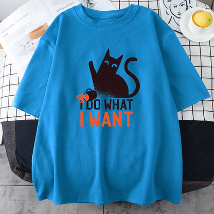 Funny Black Cat Anime I Do What I Want Mans Tops Oversize Trend Tee Clothing Creativity Casual Cotton T-Shirts Men Short Sleeve