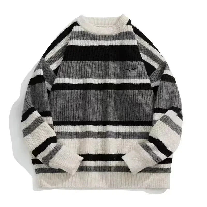 Trendy Striped Round Neck Sweater Men's Autumn Winter Thickened Knitted Top Casual Style Loose Fit Idle Style Couple's Outfit