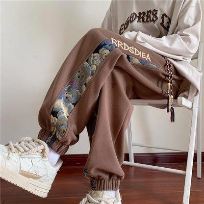 Autumn Bear Embroidery Drawstring Pants Trend Design Sense Niche Sweat Pants Fashion Loose Casual Women Men Sweatpants