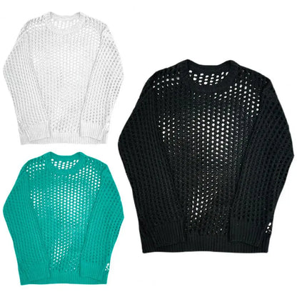 Mesh Fishnet Men Hollow Top Solid Color Round Neck Loose Long Sleeve Men T-shirt Hip Hop See-through Elastic Pullover Party Top