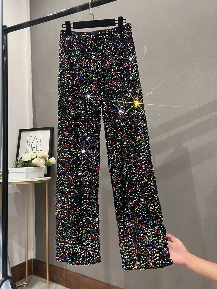 2024 Spring Street Style New Suede Sequin High Waist Straight Pants Slim Pants Women's Sparkling Wide Leg Pants