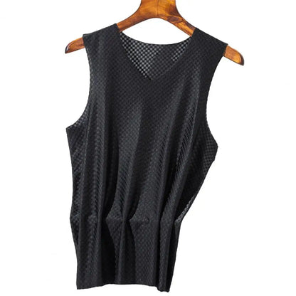 V-neck Sleeveless Men Vest Grid Texture Thin Elastic Solid Color Ice Silk Seamless Fitness Gym Workout Undershirt Sportwear