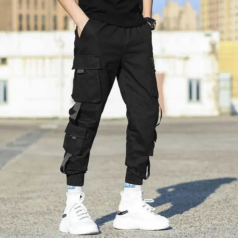 2024 Spring Autumn New Men's Korean Fashion Multi-pocket Loose Ins Nine-minute Drawstring Leg Work Pants Casual Daily Sweatpants