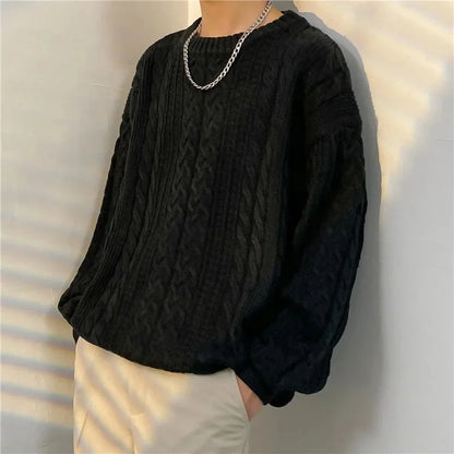 New Men's Sweater Loose-Fit Round Neck Casual Knitted Top Trendy Brand Autumn Winter Vintage Hong Kong Style Cozy Pullover