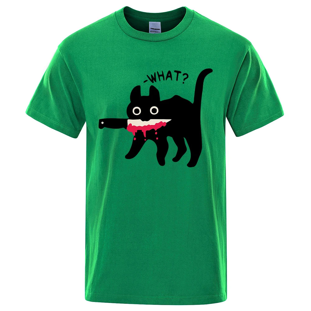 The Killer Cat With A Knife In Its Mouth Tshirts Men Women Summer Cotton Half Sleeve Oversized Loose Cotton Street Tee Shirt