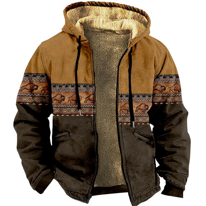 Men's Zipper Hoodies Bison Pattern Print Casual Winter Clothing Long Sleeve Sweatshirt Casual Hooded Jacket Outerwear