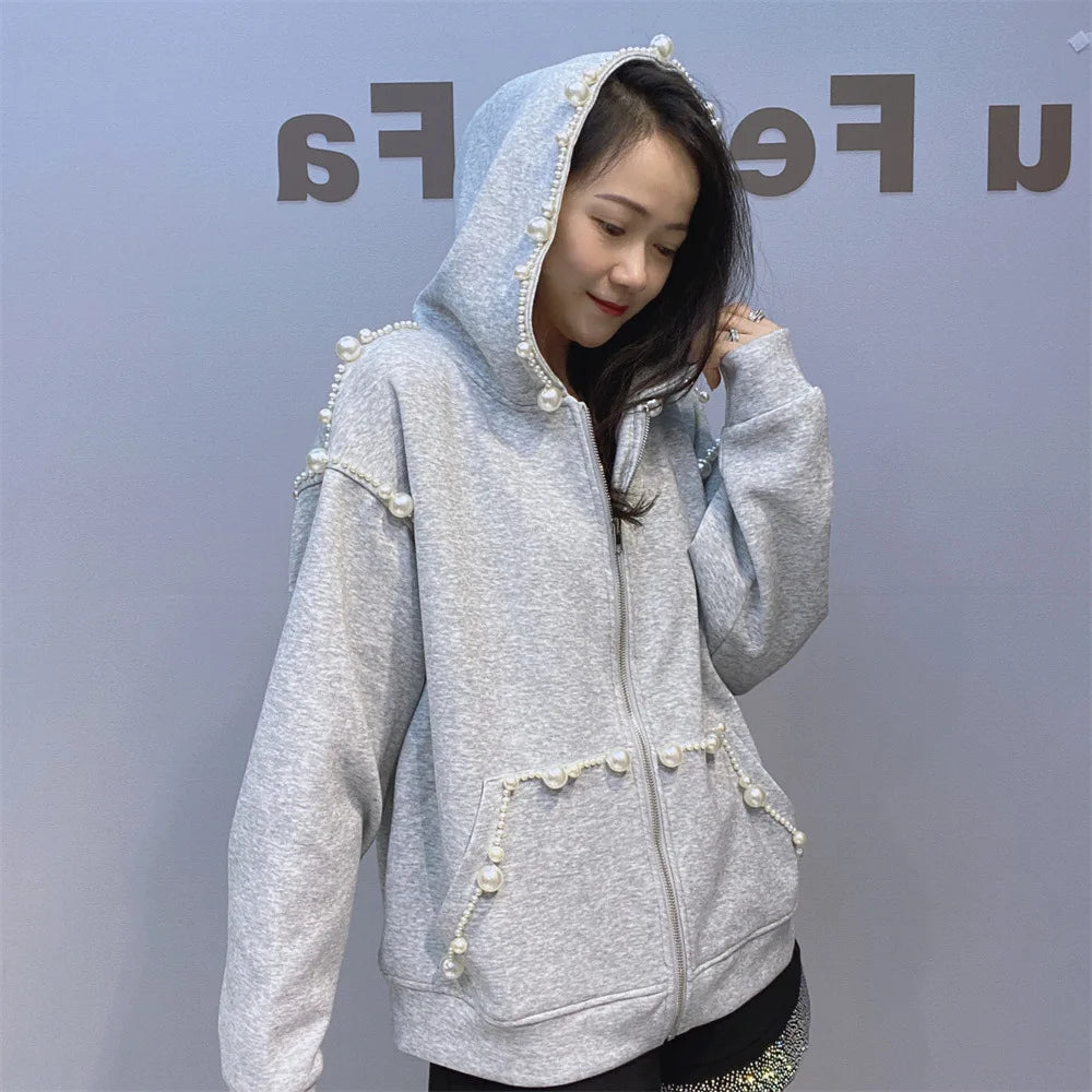 This year's popular super good-looking gray pearl hoodie coat female 2024 autumn new loose casual cardigan top