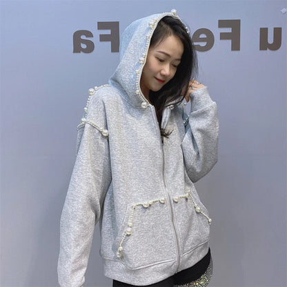 This year's popular super good-looking gray pearl hoodie coat female 2024 autumn new loose casual cardigan top