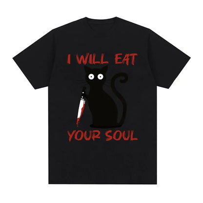 I Will Eat Your Soul Black Cat Horror Blood with Knife Funny Meme T Shirt Men Women Retro Harajuku Oversized Cotton Tshirts Tops