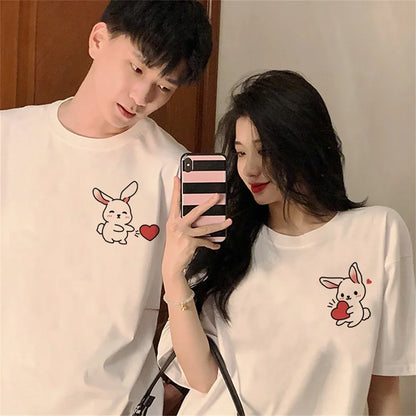 Summer Fashion Cartoon Love Rabbit Couple T-Shirt for Boyfriend Top Quality Men Women Short Sleeve Tshirt