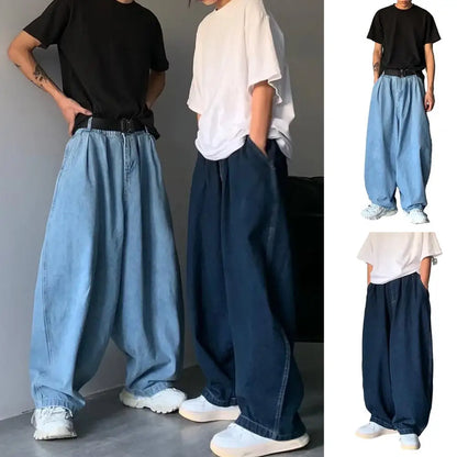 Men Jeans	Mid-rise Elastic Waistband Men Jeans Pockets Solid Color Men Baggy Jeans Wide Leg Denim Men Pants Streetwear