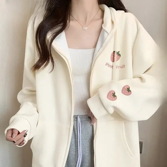 Cute and Lazy Style Hoodie for Women Small Stature College Trend Front Shoulder Top Early Spring Korean Version Cardigan Clothes