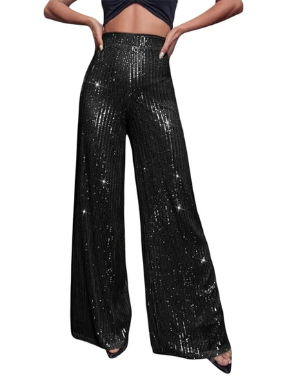 Women Sequin Flare Pants Sparkly High Waist Wide Leg Bell-bottom Trousers Slim Party Club Shiny Pants Clubwear