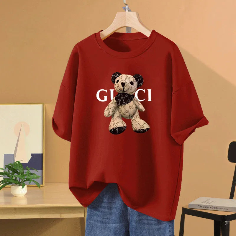 Women Fashion Cartoon Printed O-neck Pullover, Vintage Chic Short Sleeve Top Tee, Summer Loose Casual Pure Cotton Basics T-shirt