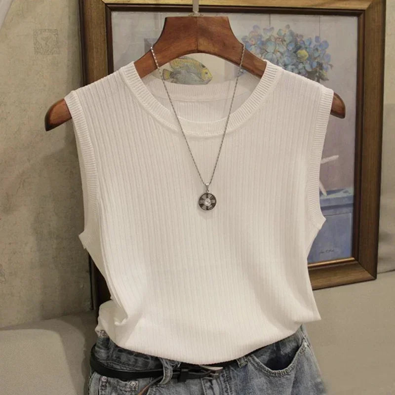 Solid Knitted Camisole Female Sexy Ice Silk Tank Tops Women Sleeveless Camis Sleeveless Vest T-Shirt Basic Tube Top Large Size