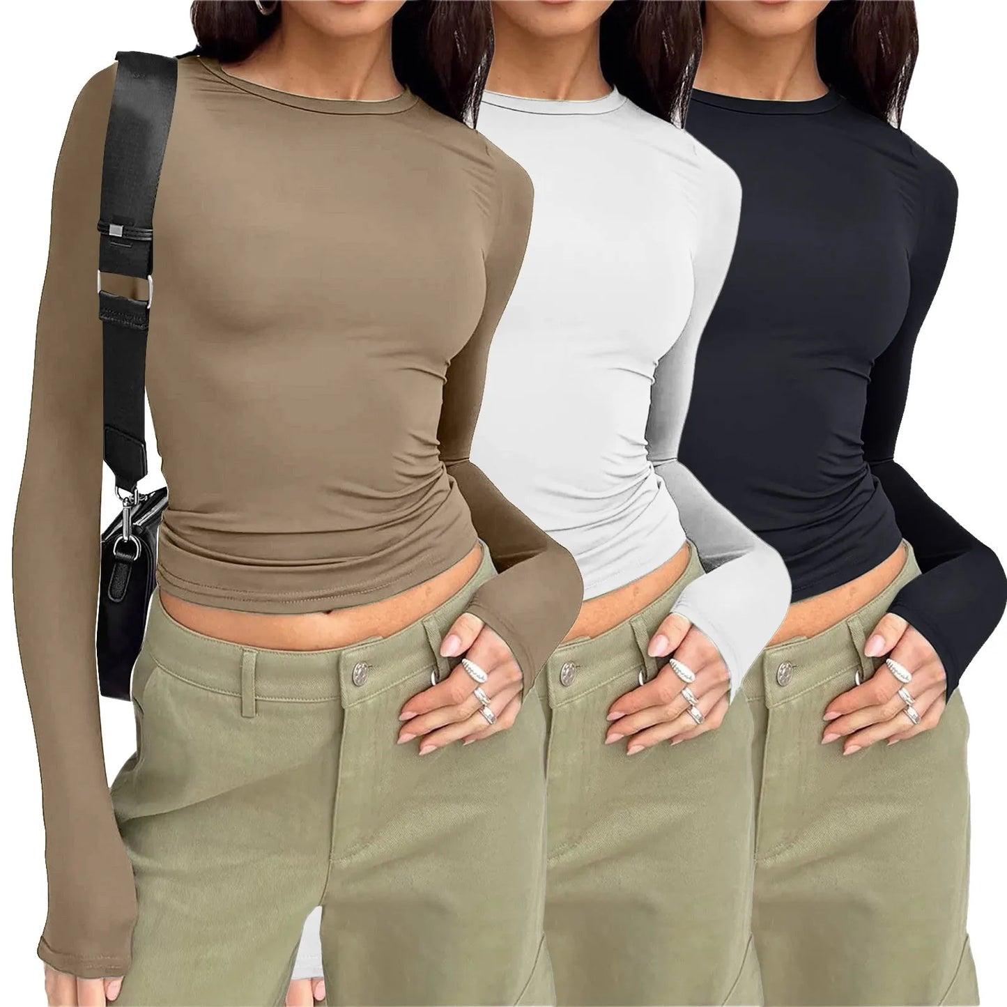 3 Piece Set Basic T Shirts Women Long Sleeve Shirts Tops Slim Fit Summer New Fashion Crop Tops Bottom Shirts Streetwear Tops